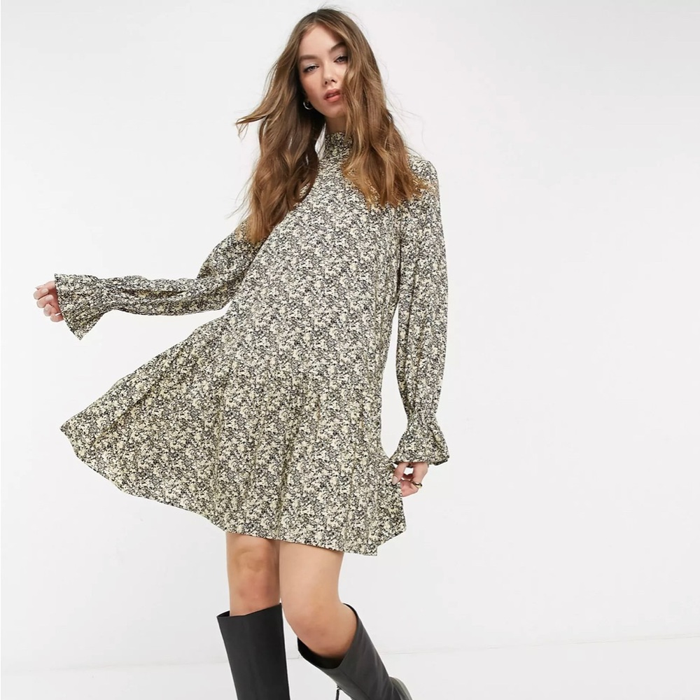 & OTHER STORIES Voluminous Sleeve Cupro Mini Dress Yellow Floral